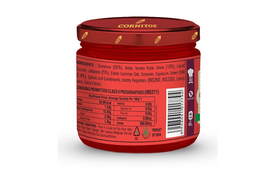 Cornitos Chunky Salsa Tomato Onion Jalapeno Hot   Glass Jar  330 grams